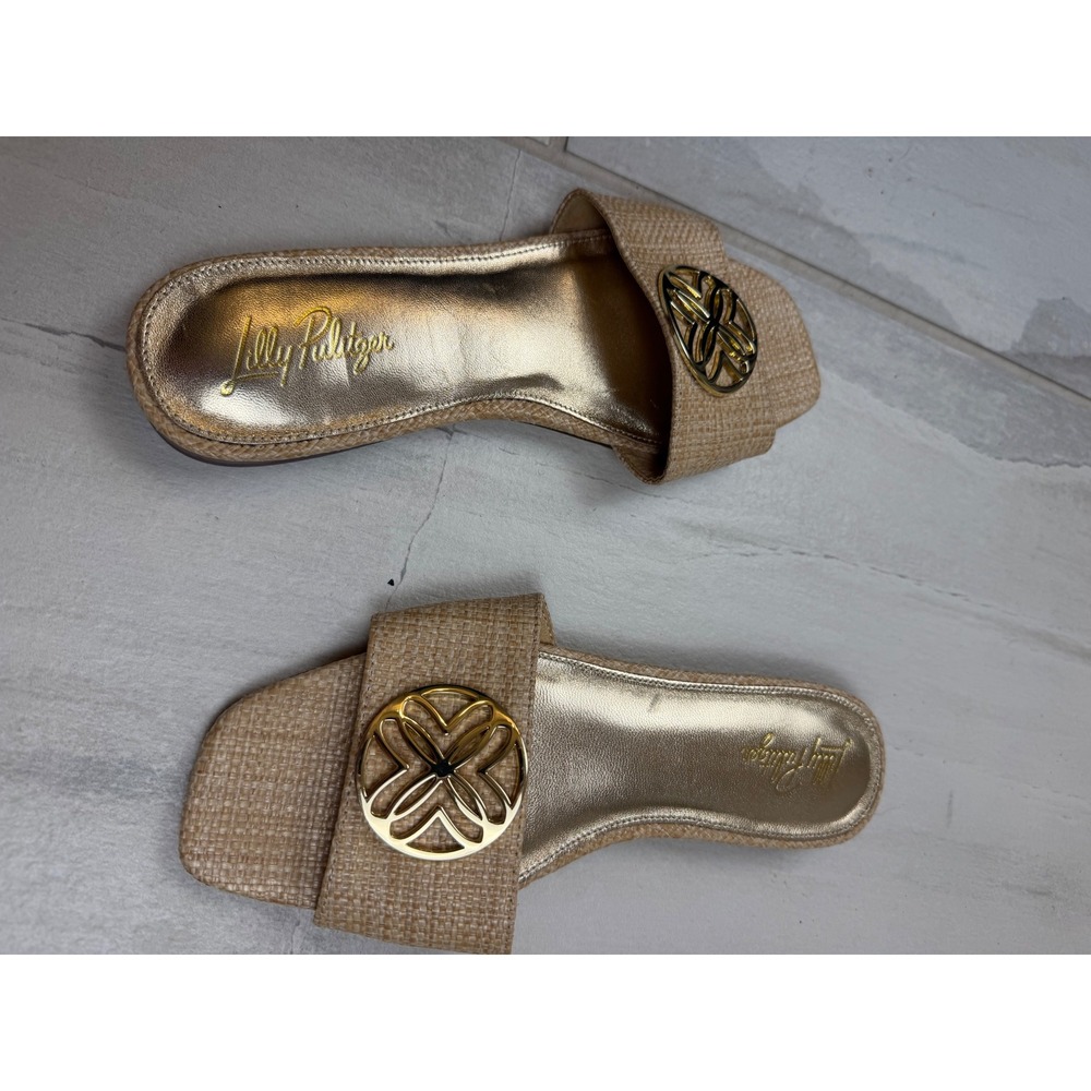 Lilly Pulitzer Gold Raffia Logo Medallion Slide Sandals Flat Square Toe 7M